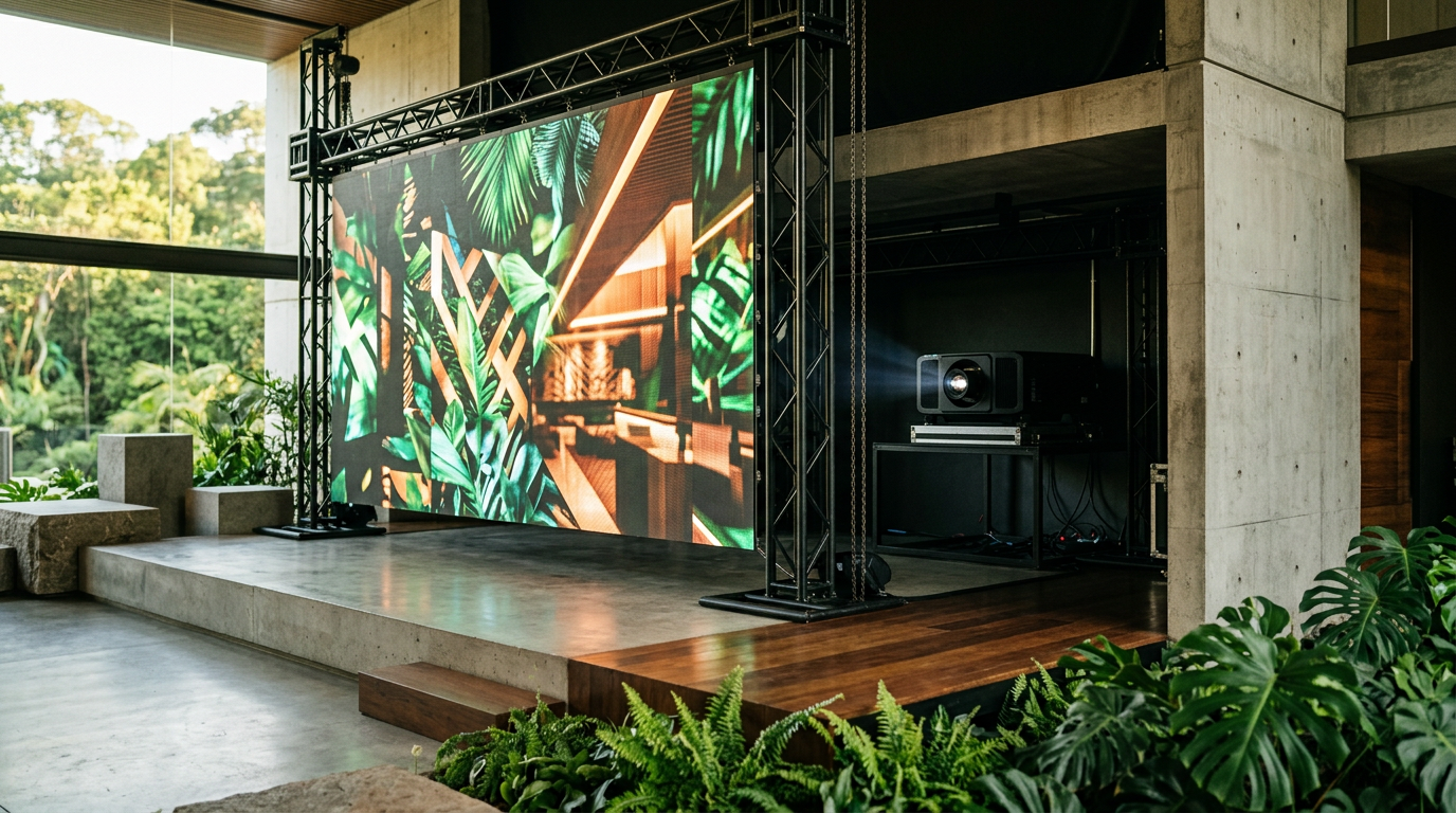 Engenharia da projeção traseira em montagens de palco